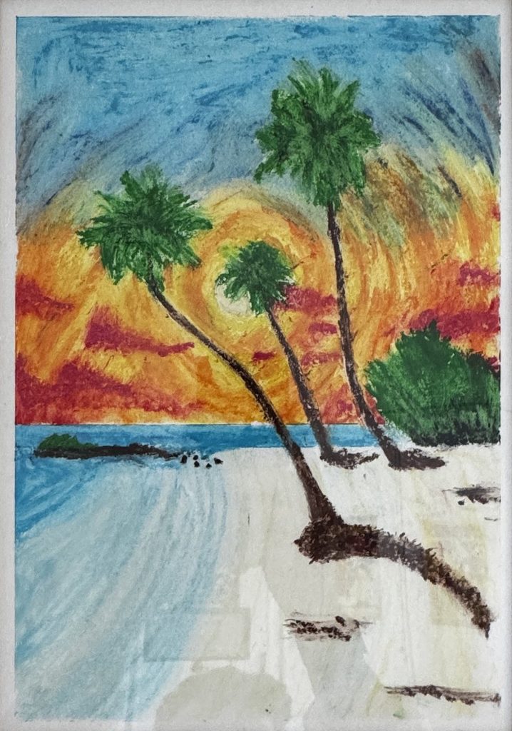 Plage et palmiers sous un ciel orange, peinture