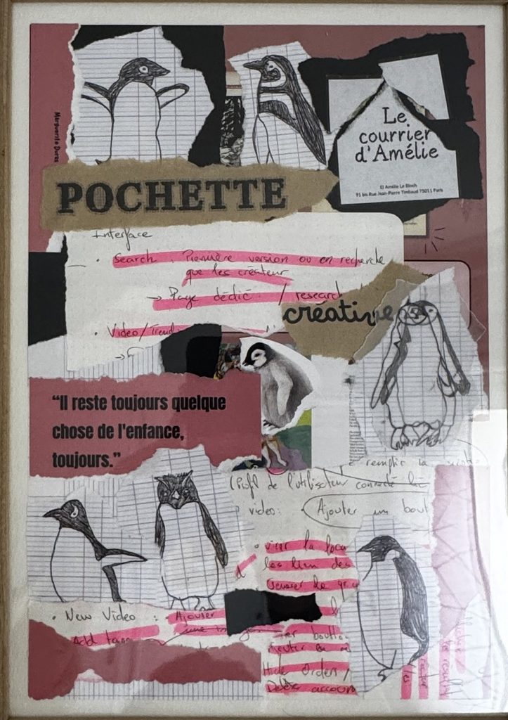 Collage « Pochette » : pingouins, papiers et coupures de texte