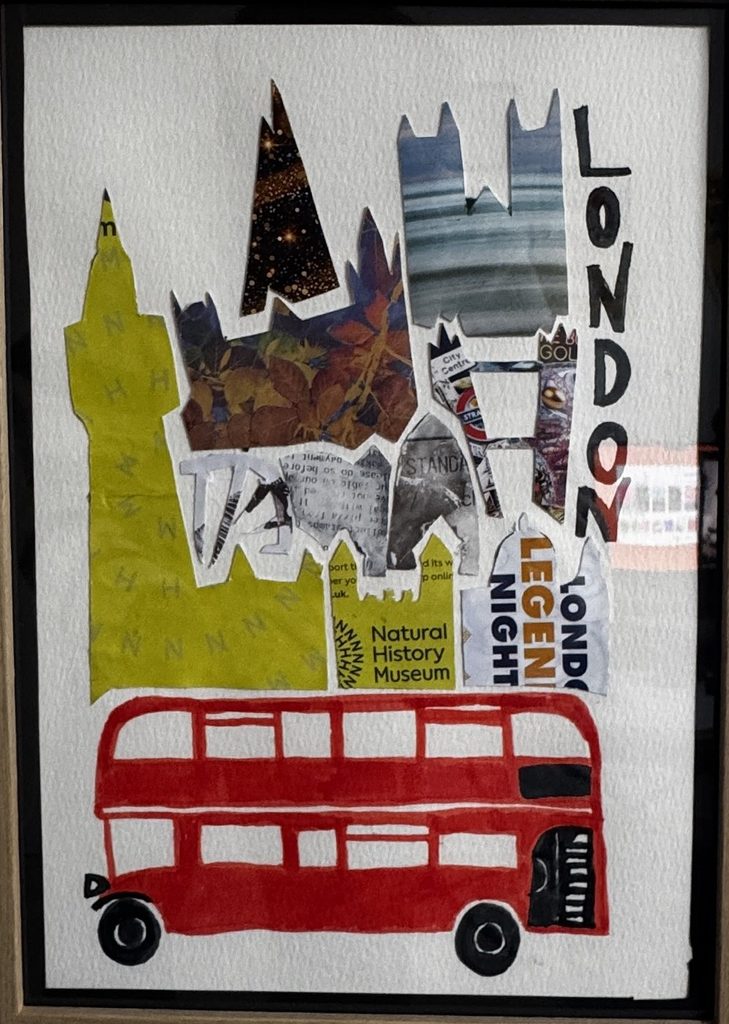 Collage de Londres : monuments, lettres et bus rouge