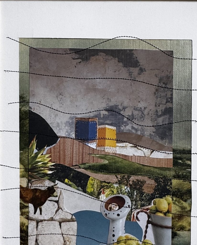 Collage de photographies de maisons et de jardins, fils tendus