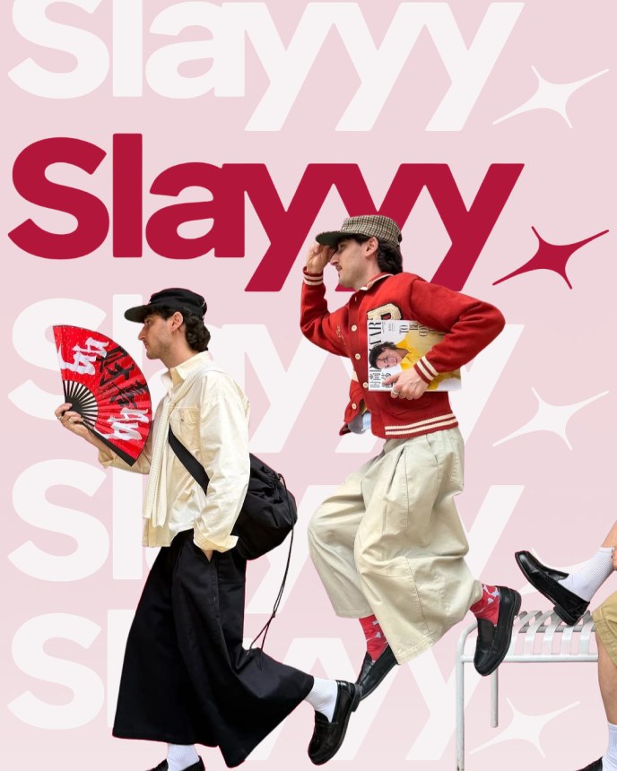 Affiche Slayyy, silhouettes sur fond rose